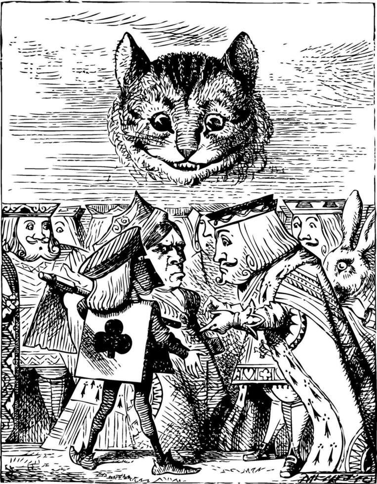 verdugo argumenta con Rey acerca de corte apagado Cheshire gatos cabeza - alicia aventuras en mundo maravilloso original Clásico grabado vector