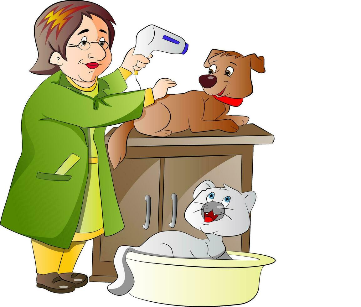 a woman is brushing a cat and dog vector
