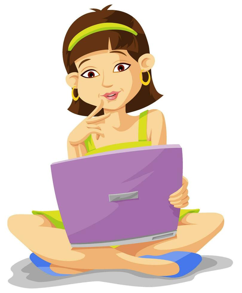 a cartoon girl sitting on the floor with a laptop vector