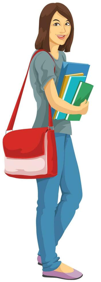 a woman holding books and a bag vector