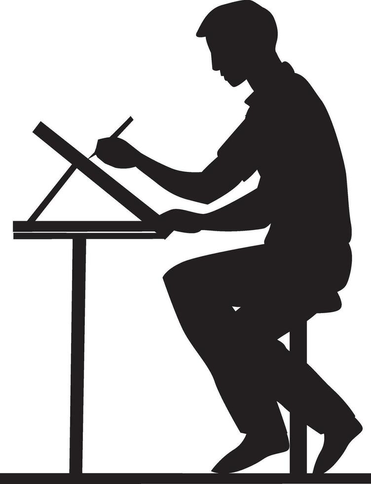 silueta de un hombre sentado a un escritorio y dibujo vector