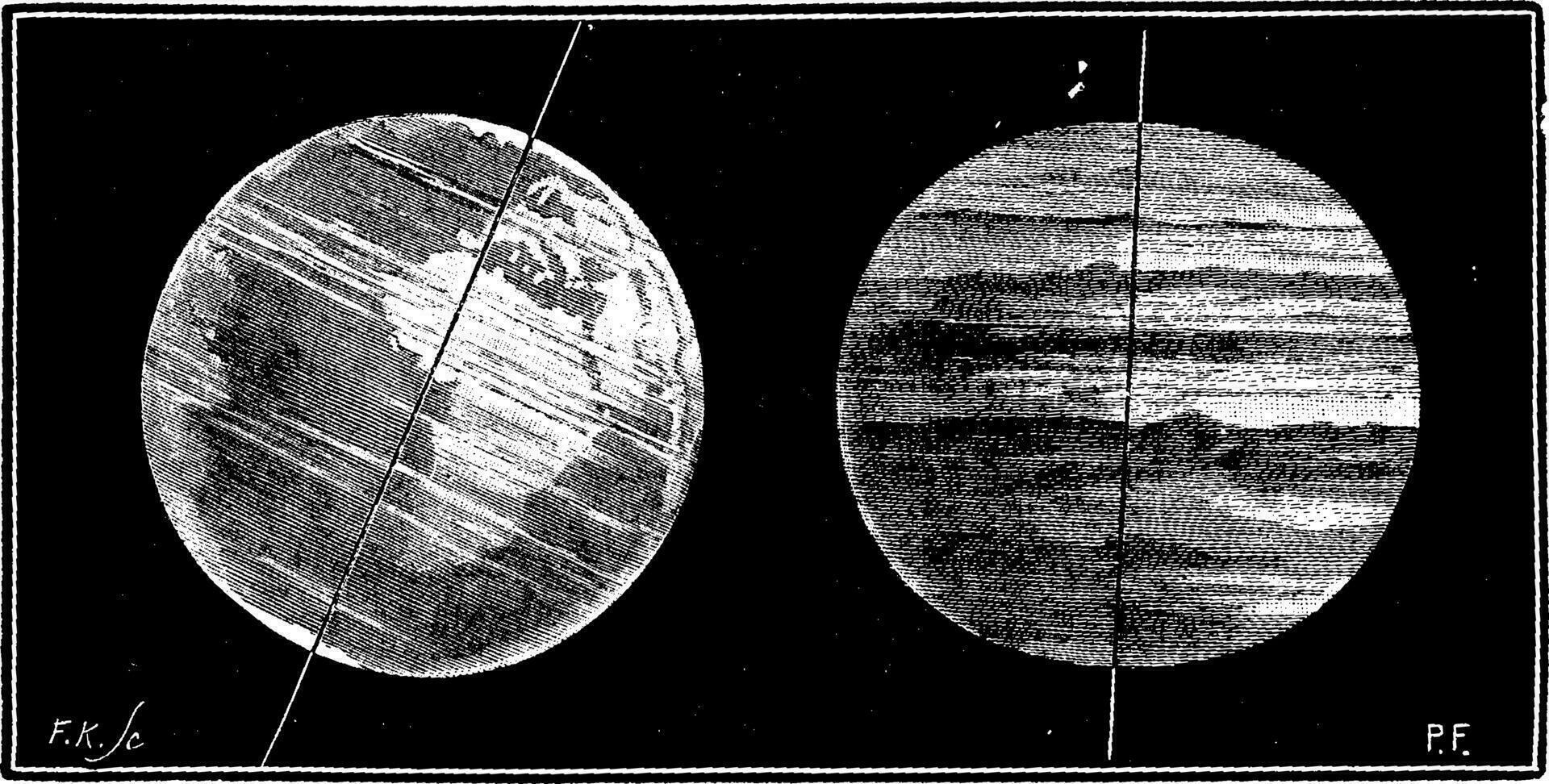 Compared tilt of the axis of the Earth and of the axis of Jupiter, vintage engraved illustration. Earth before man 1886. vector