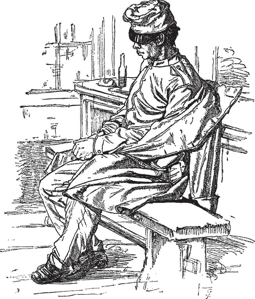 an old black and white drawing of a man sitting on a bench vector