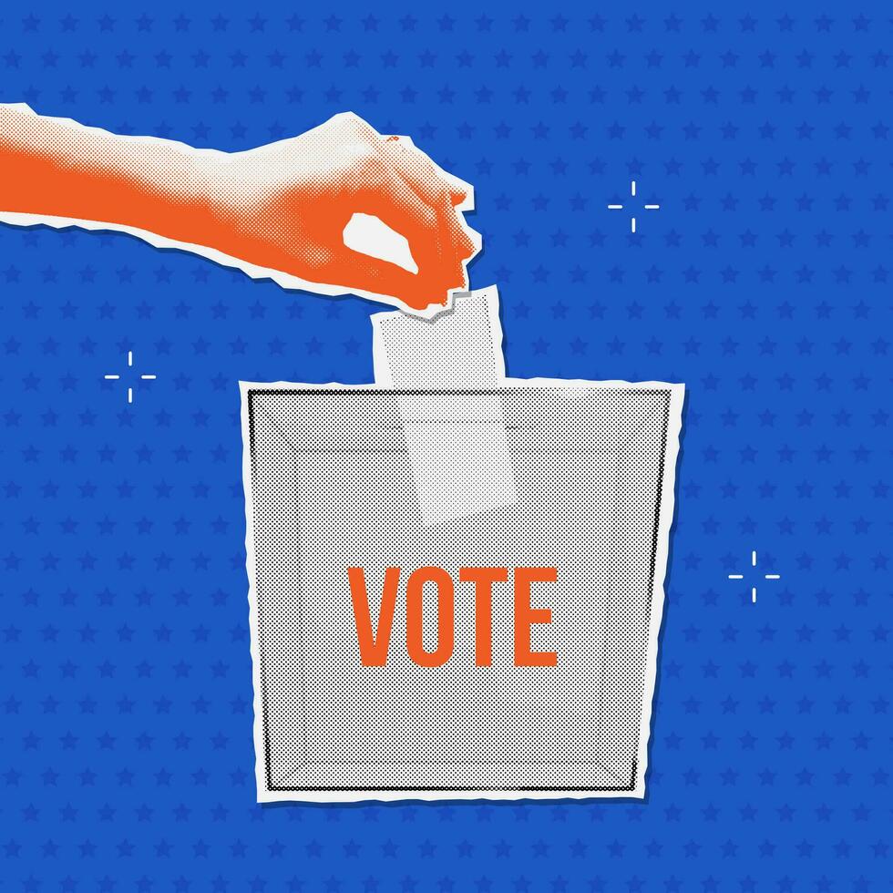 Voting concept in halftone collage style - hand putting paper in the ballot box. Vector politics ad poster template.