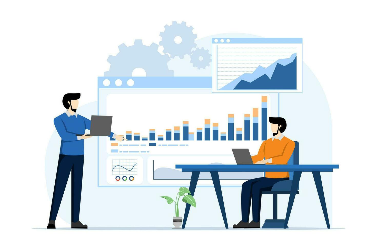 business brainstorming and presentation, teamwork, discussion, finance, Male and Female Characters are in the office preparing a presentation. Business presentation during employee meeting. vector