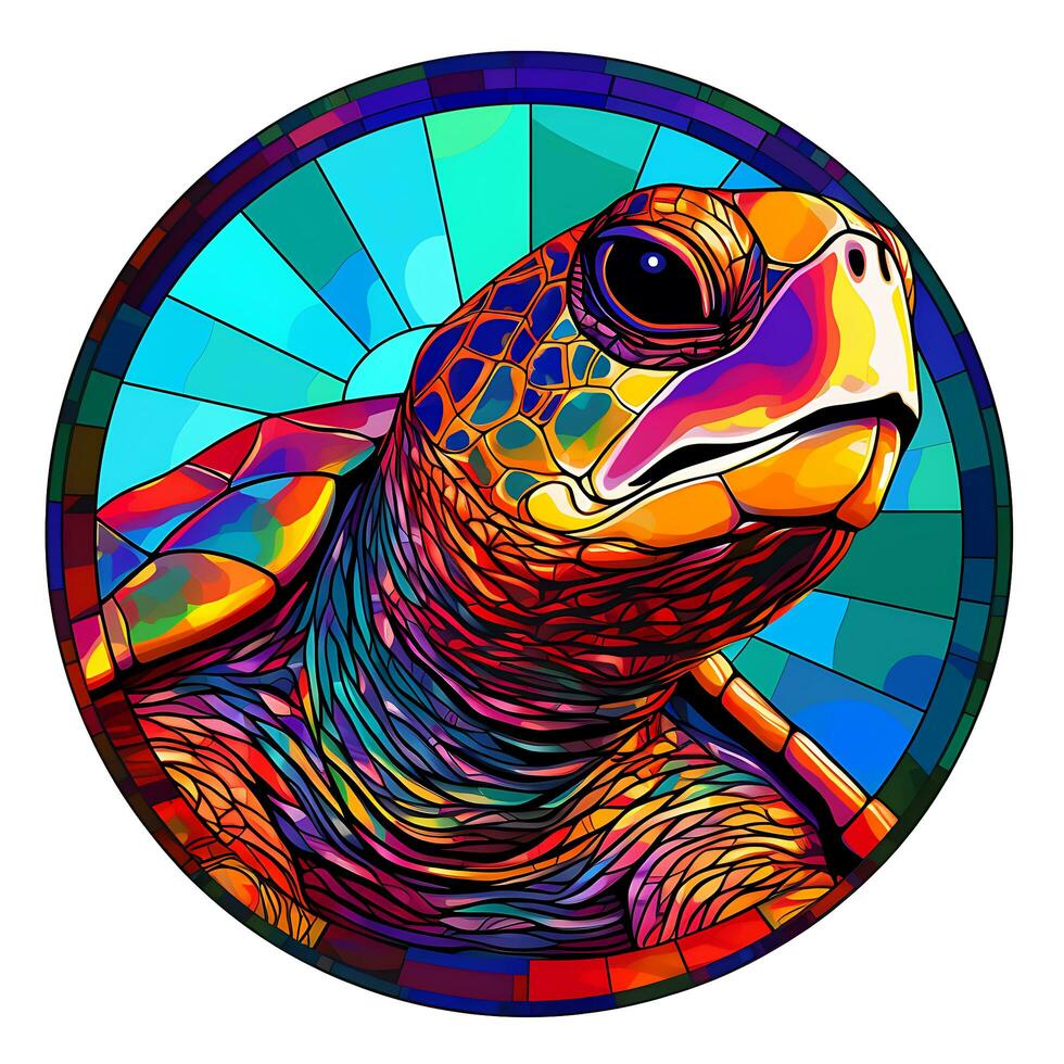 A View of a Turtle in a circle shape of colorful Stained Glass Design photo