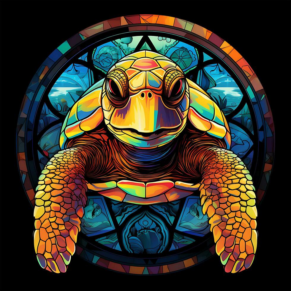 A View of a Turtle in a circle shape of colorful Stained Glass Design photo