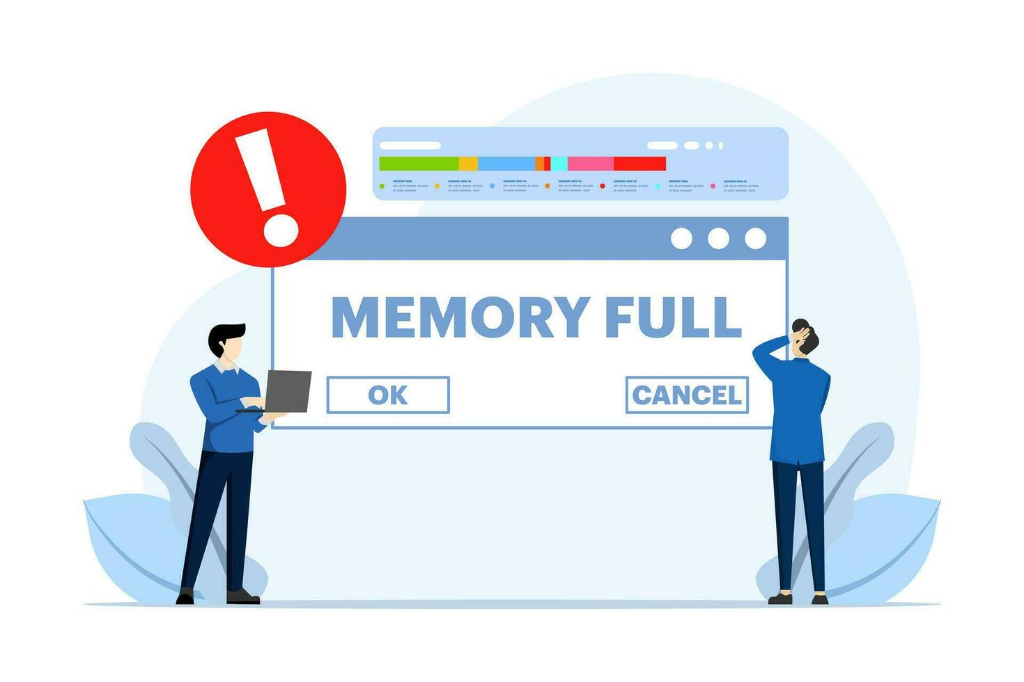 Memory space full notification concept. Clean the memory or storage of your phone or computer. The folder is full. Modern flat cartoon style. Vector illustration on white background.
