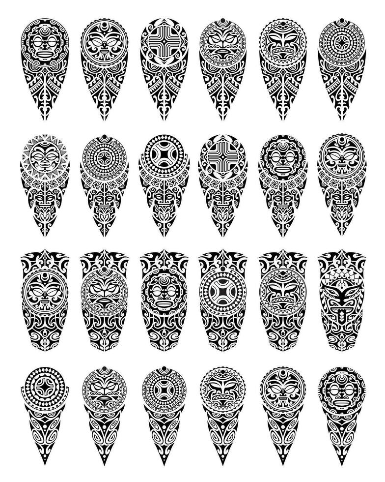 Set of tattoo sketch maori style for leg or shoulder with sun symbols face and swastika. Black and white. vector