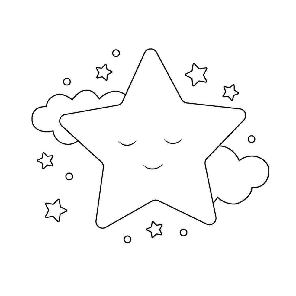 Hand-drawn cute star and clouds for coloring book. Vector illustration isolated element. Black and white outline image