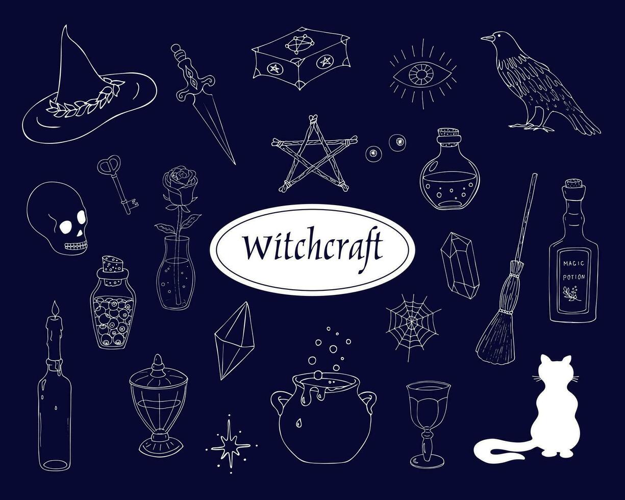Doodle magic items, bottles of magic poison, witch book, and sorcerer, tarot cards. A collection of mystical elements. Esoteric doodle elements vector