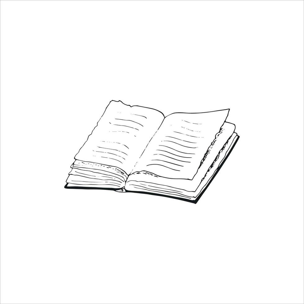 Hand-drawn open book in doodle style. Isolated vector illustration on a white background.