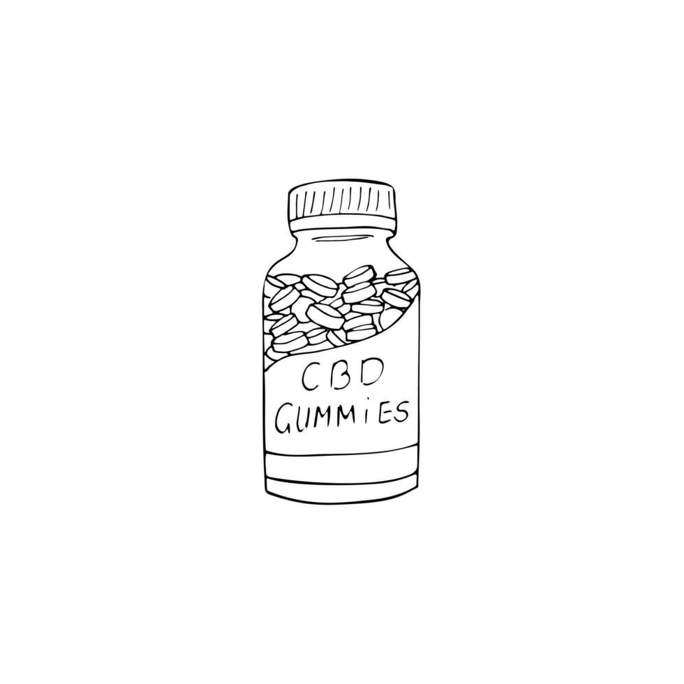 Hand drawn Cannabis gummies package. CBD gummies for healthcare. Medical cannabis marijuana. Vector illustration isolated on white background