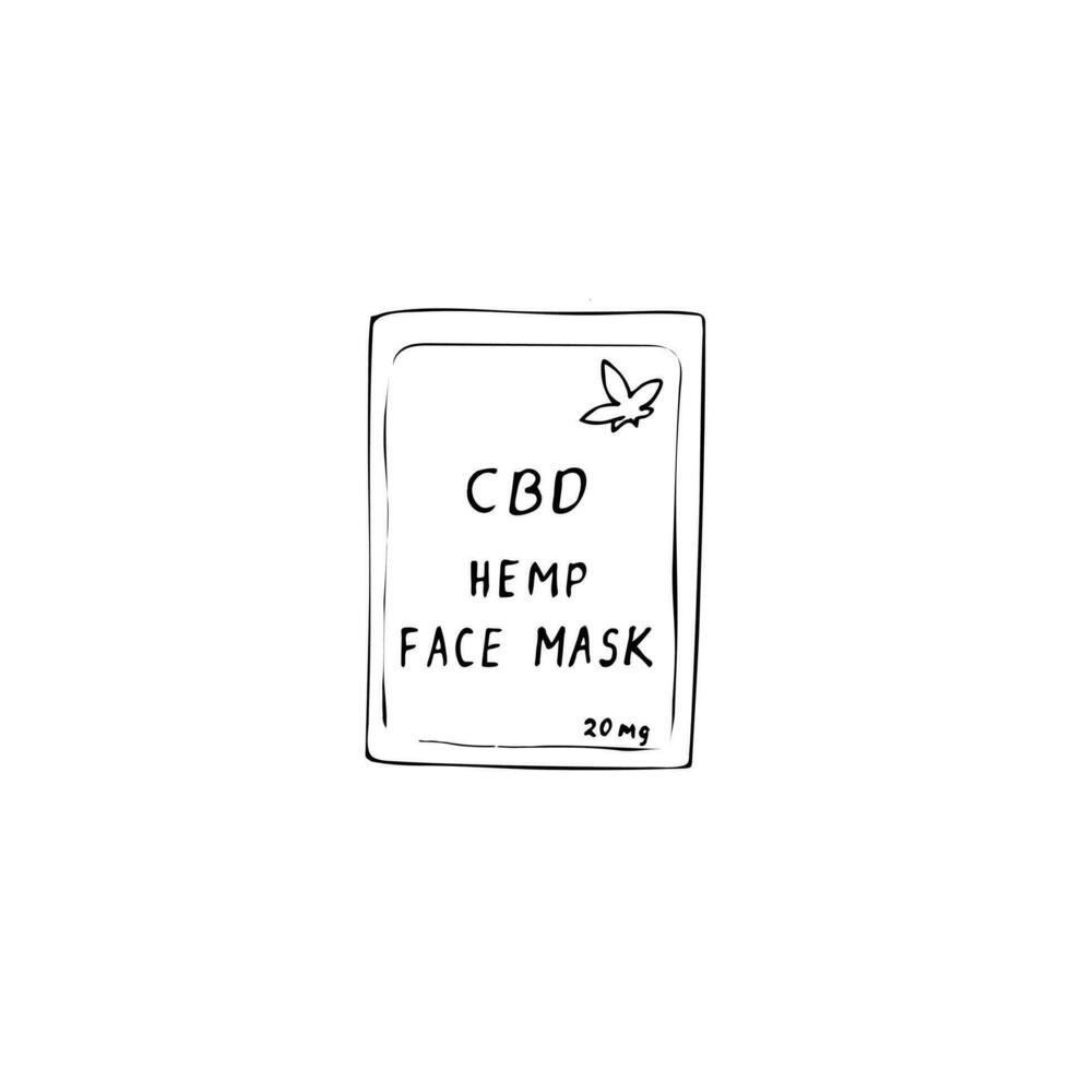 Hand-drawn CBD hemp Face mask.  Vector illustration isolated on a white background. Organic cosmetic product. Cannabis in skincare concept.
