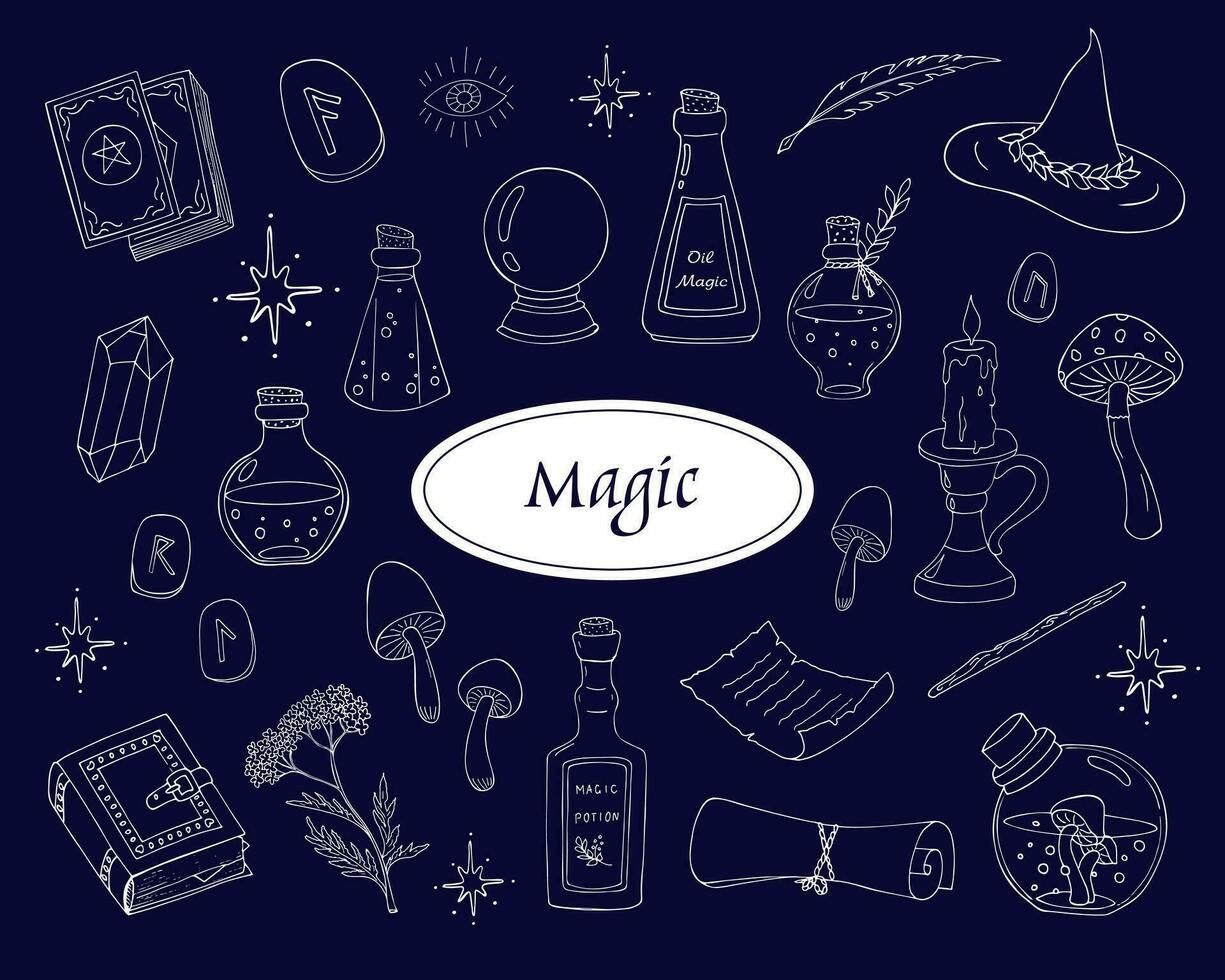 Magical doodle elements, magic poison bottles, crystal ball, witchcraft book and caldron, tarot cards. Collection of Mystical objects. Esoteric doodle elements and logo icons with hands, raven dagger. vector