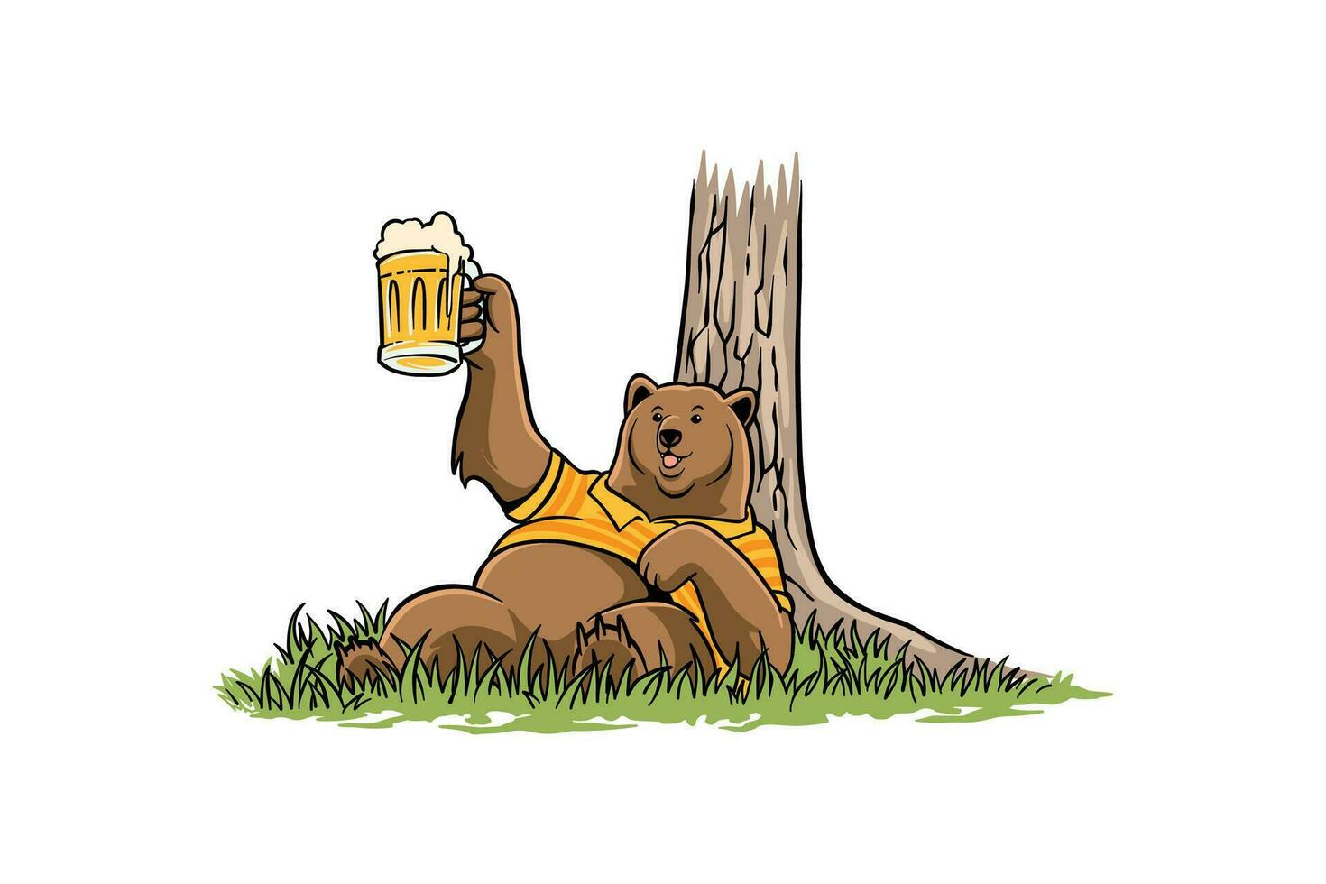 vector illustration of a bear drinking beer under a tree. Awesome mascot for logo or t-shirt.