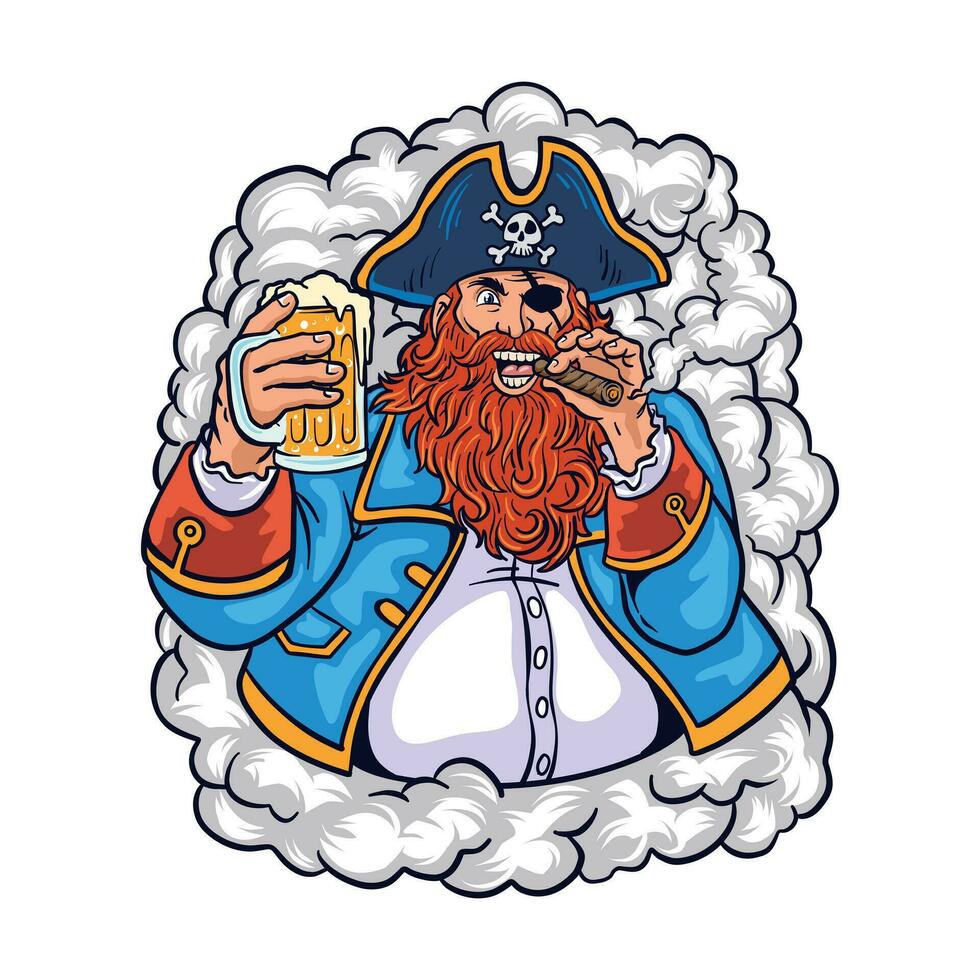 vector illustration of a seafarer holding a glass of beer and a cigar with smoke billowing in the background