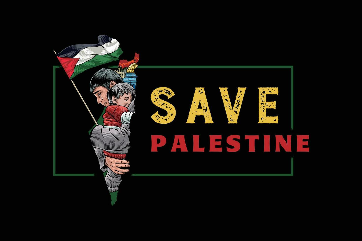 vector illustration about save palestine. t shirt design with black background