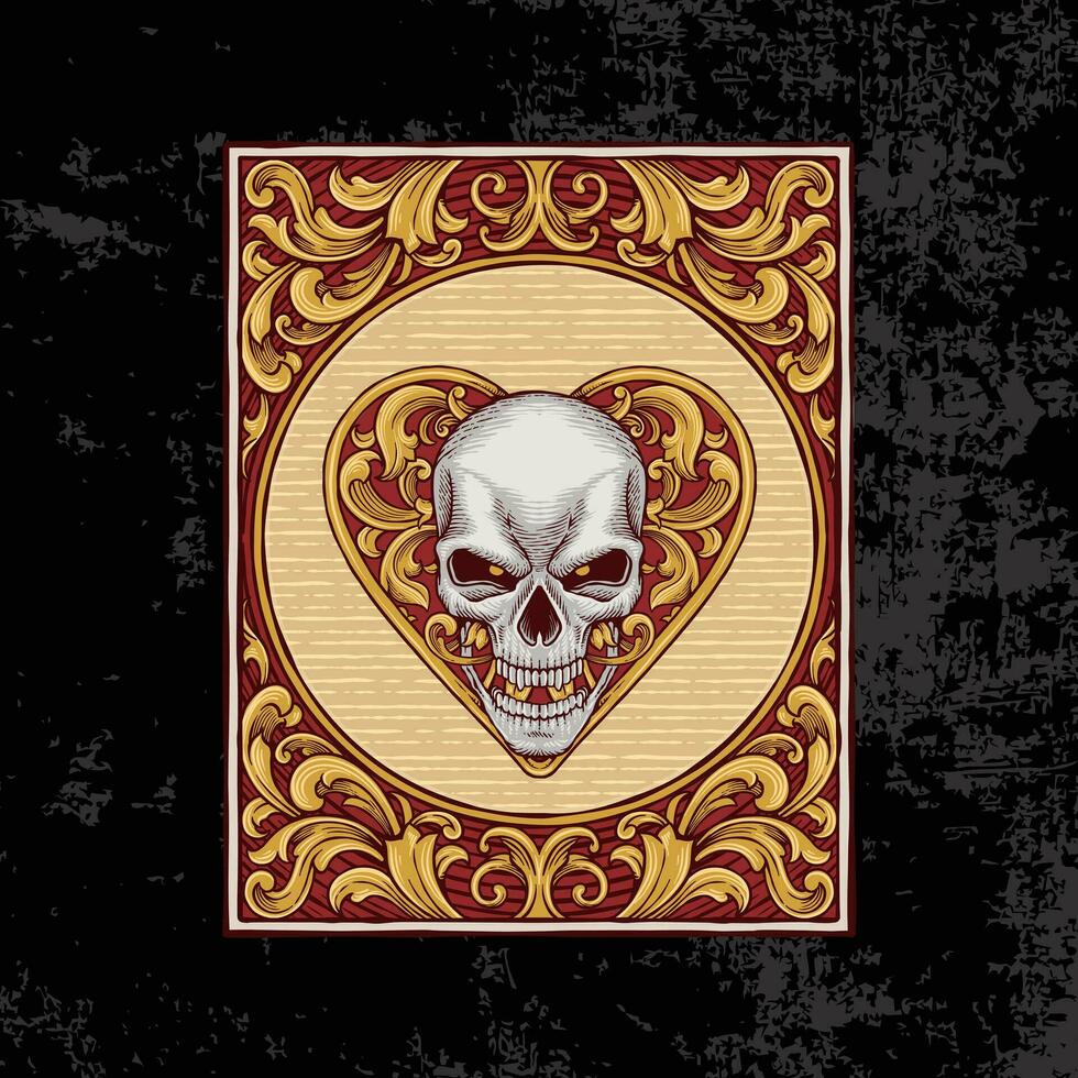 Clásico estilo rojo corazón as póker cráneo ilustración con adornos y fronteras texturizado negro antecedentes vector