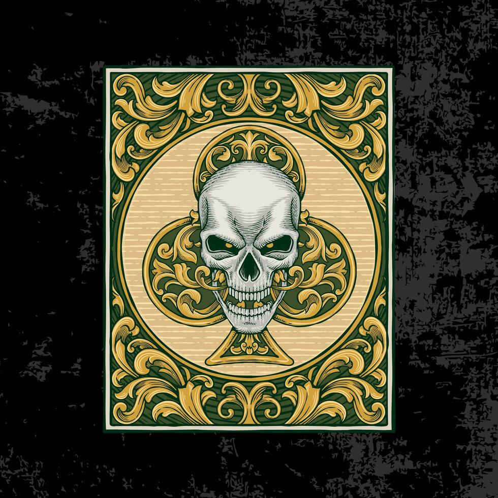 illustration of a green poker skull in vintage style with ornaments and borders. textured black background vector