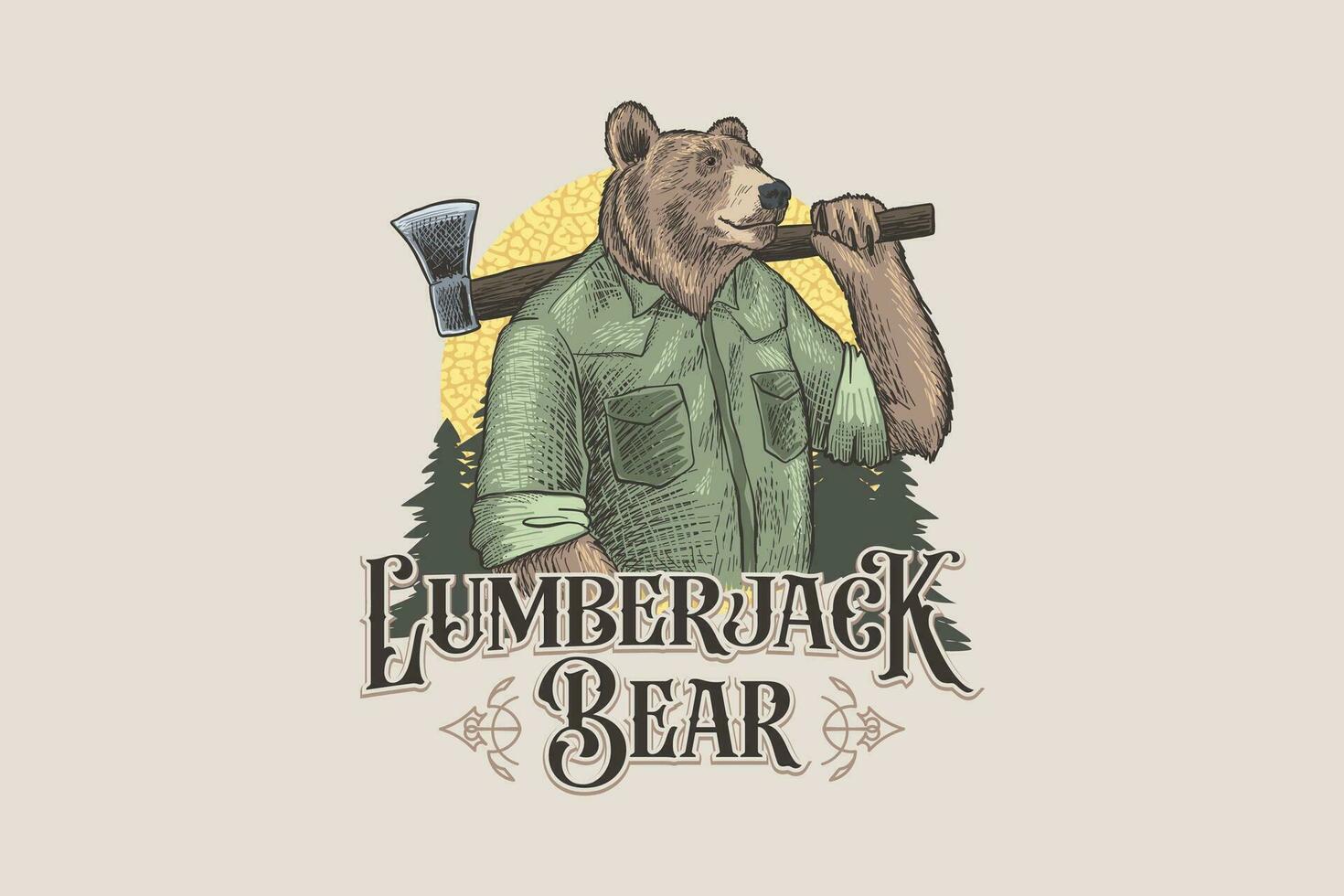 Lumberjack bear illustration with typography. Wild free slogan, vintage style for t-shirts and logos vector