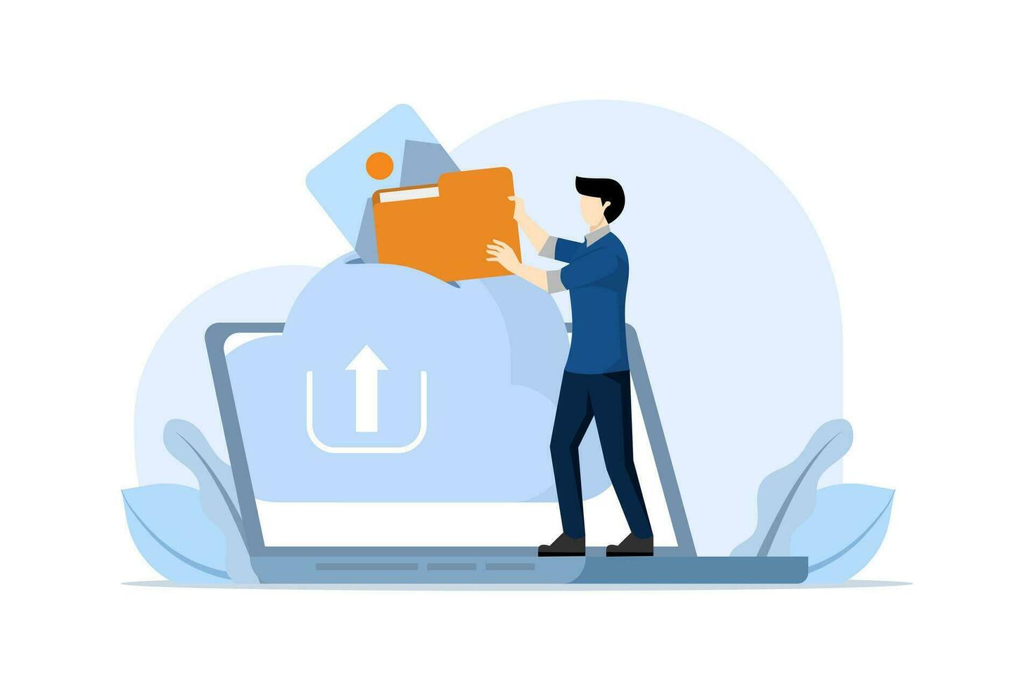 Concept of cloud storage, file downloading, database protection, data center, file management, computer system using cloud server. Digital documents and messages using modern connected PC technology. vector