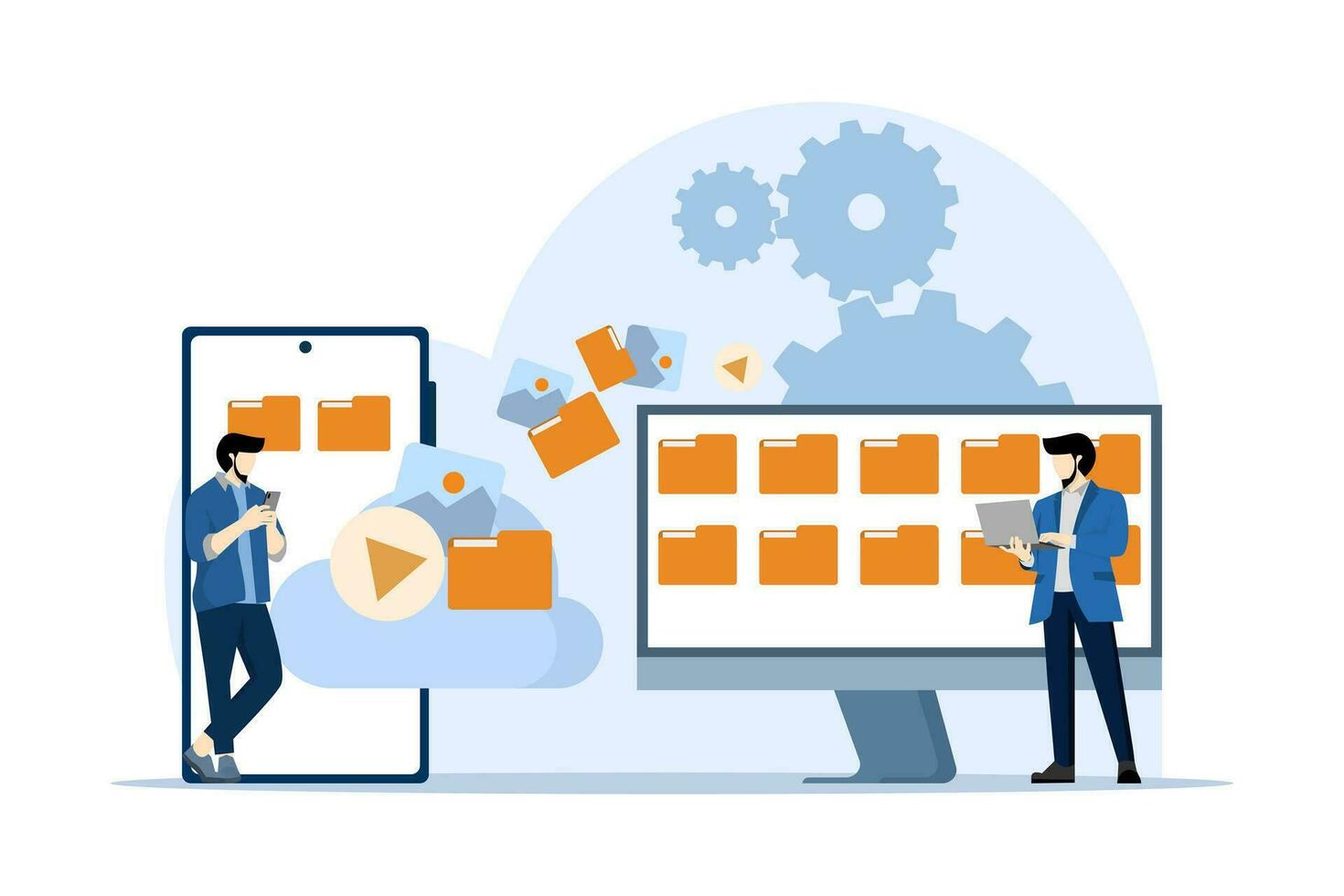 Concept of cloud storage, file downloading, database protection, data center, file management, computer system using cloud server. Digital documents and messages using modern connected PC technology. vector