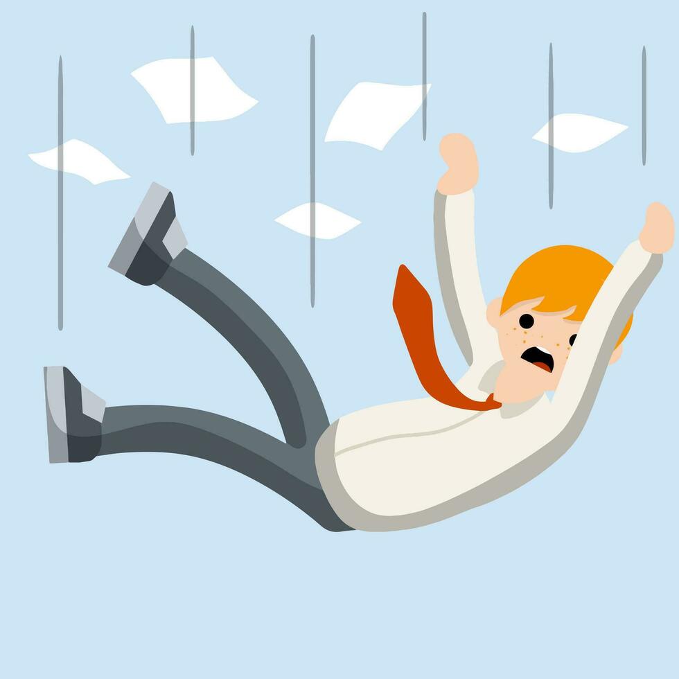 Falling down man in shirt and tie. Office problem. Employee dismissal. Money and crisis. Scared guy. Cartoon flat illustration. Work in Economics. Work in exchange. Collapse and bankruptcy. Blue sky vector