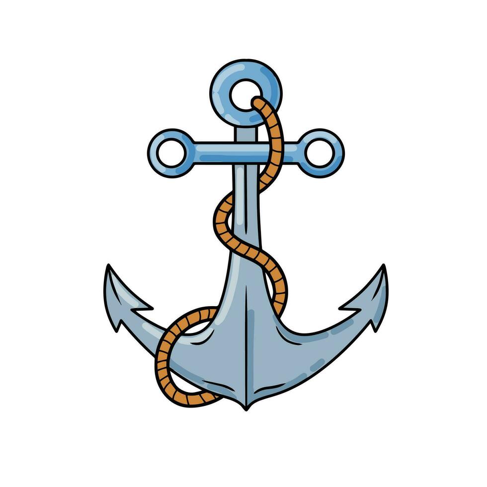 Anchor for sailing boat, element of ocean yacht. Marine navy badge. Concept of nautical sailor, ship and travel. Cartoon illustration isolated on white vector