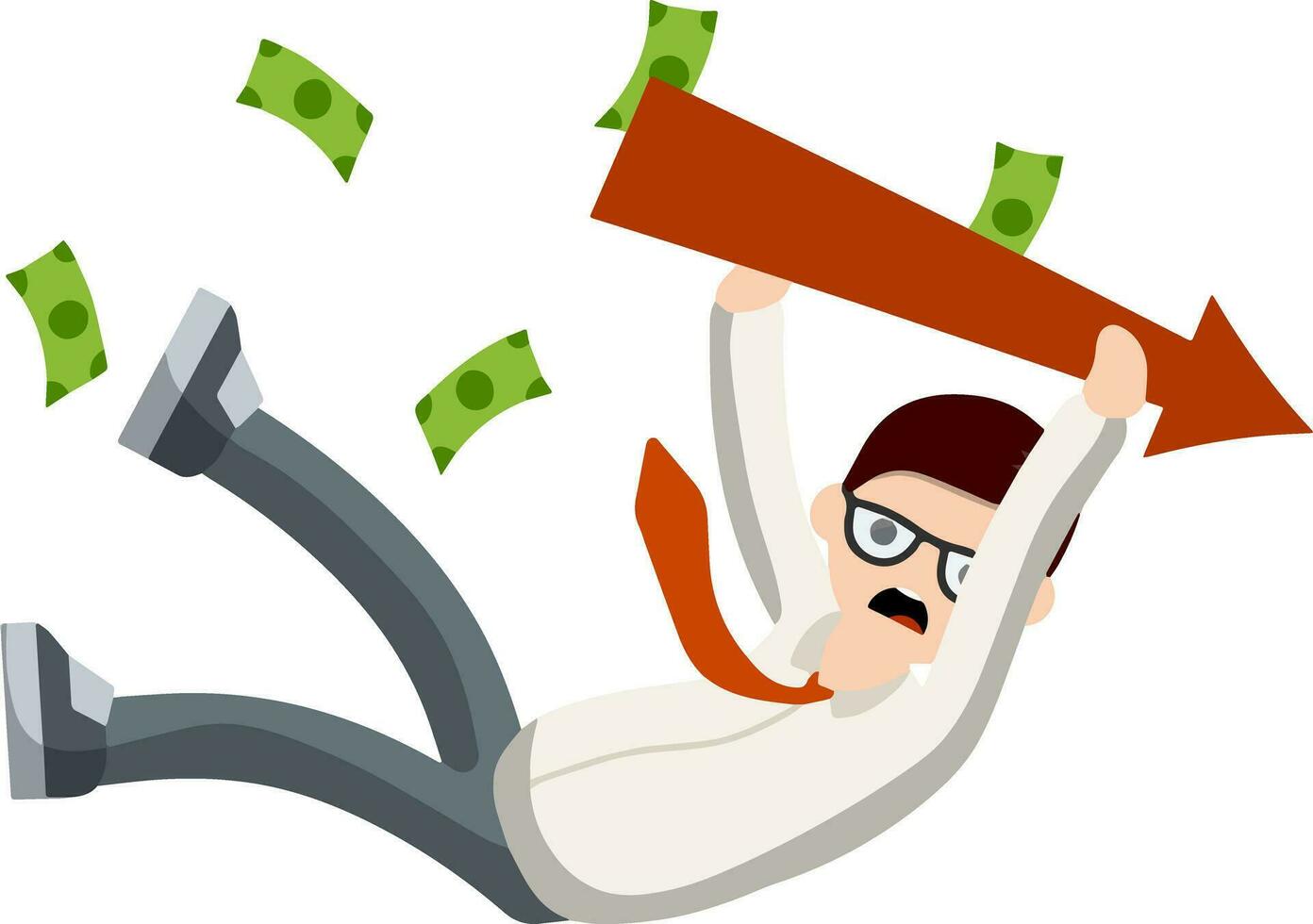 Falling down man in shirt and tie. Office problem. Employee dismissal. Collapse and bankruptcy. Red arrow. Money and crisis. Scared guy. Cartoon flat illustration. Work in Economics. Work in exchange. vector