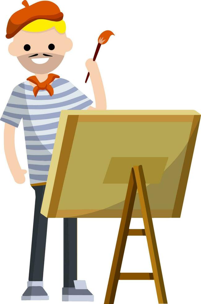 French artist in blue striped clothes with a red beret draws picture with paint brush on the easel. French man at work. typical European of France. Creative person. vector