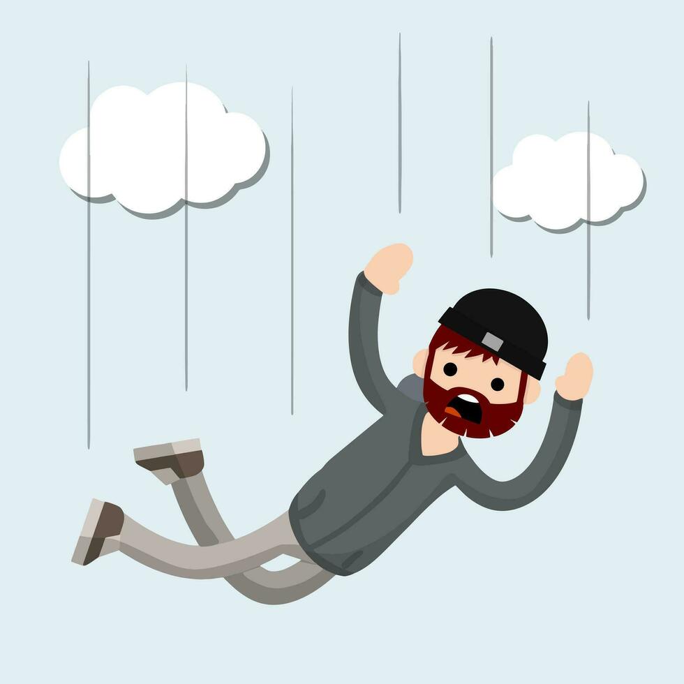 Drop young guy. Cartoon flat illustration. Falling man. horror and fear of heights - phobia Acrophobia. Flight among clouds vector