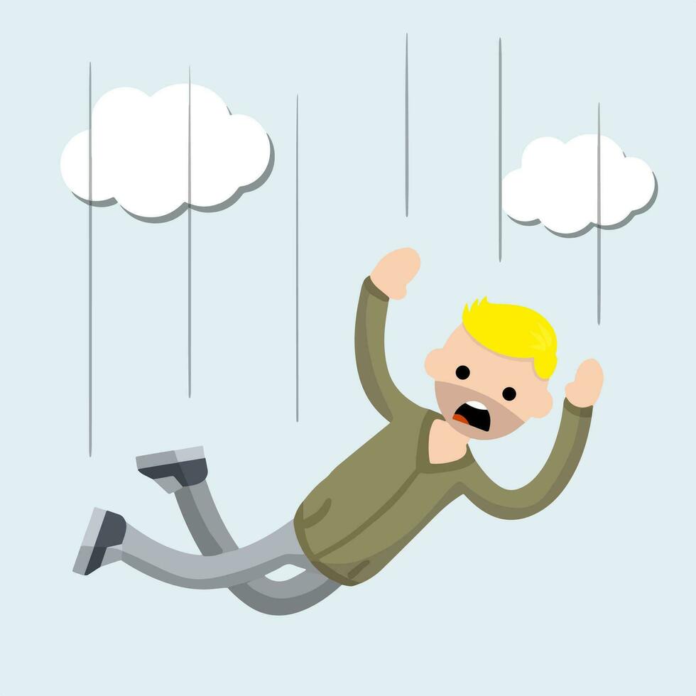 Drop young guy. Cartoon flat illustration. Falling man. horror and fear of heights - phobia Acrophobia. Flight among clouds vector