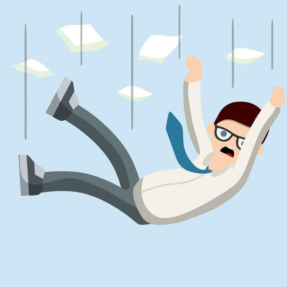 Falling down man in shirt and tie. Office problem. Employee dismissal. Money and crisis. Scared guy. Cartoon flat illustration. Work in Economics. Work in exchange. Collapse and bankruptcy. Blue sky vector