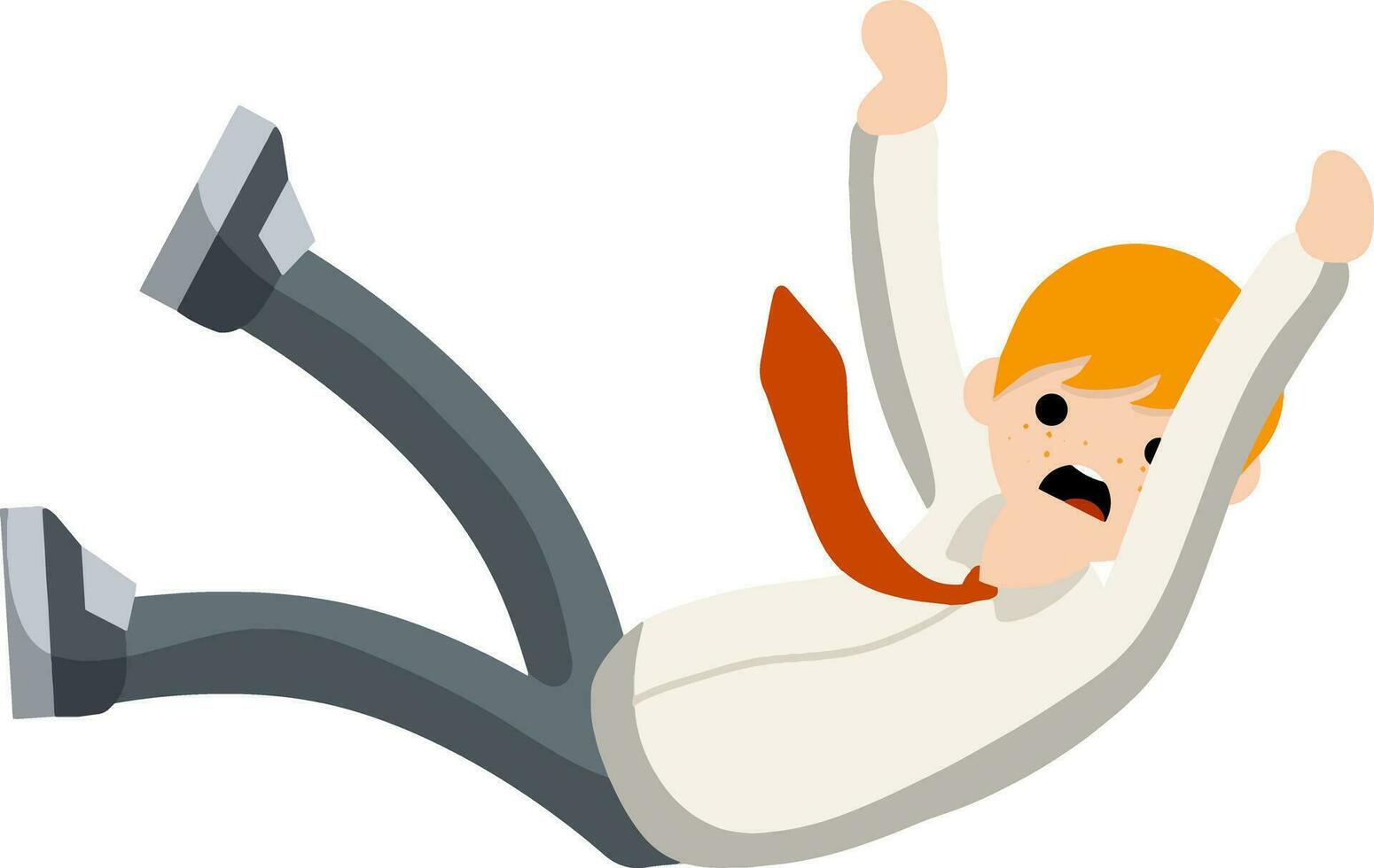 Falling down man in shirt and tie. Office problem. Employee dismissal. Scared guy. Cartoon flat illustration. Work in Economics. Work in exchange. Gold coin. Collapse and bankruptcy. Money and crisis vector