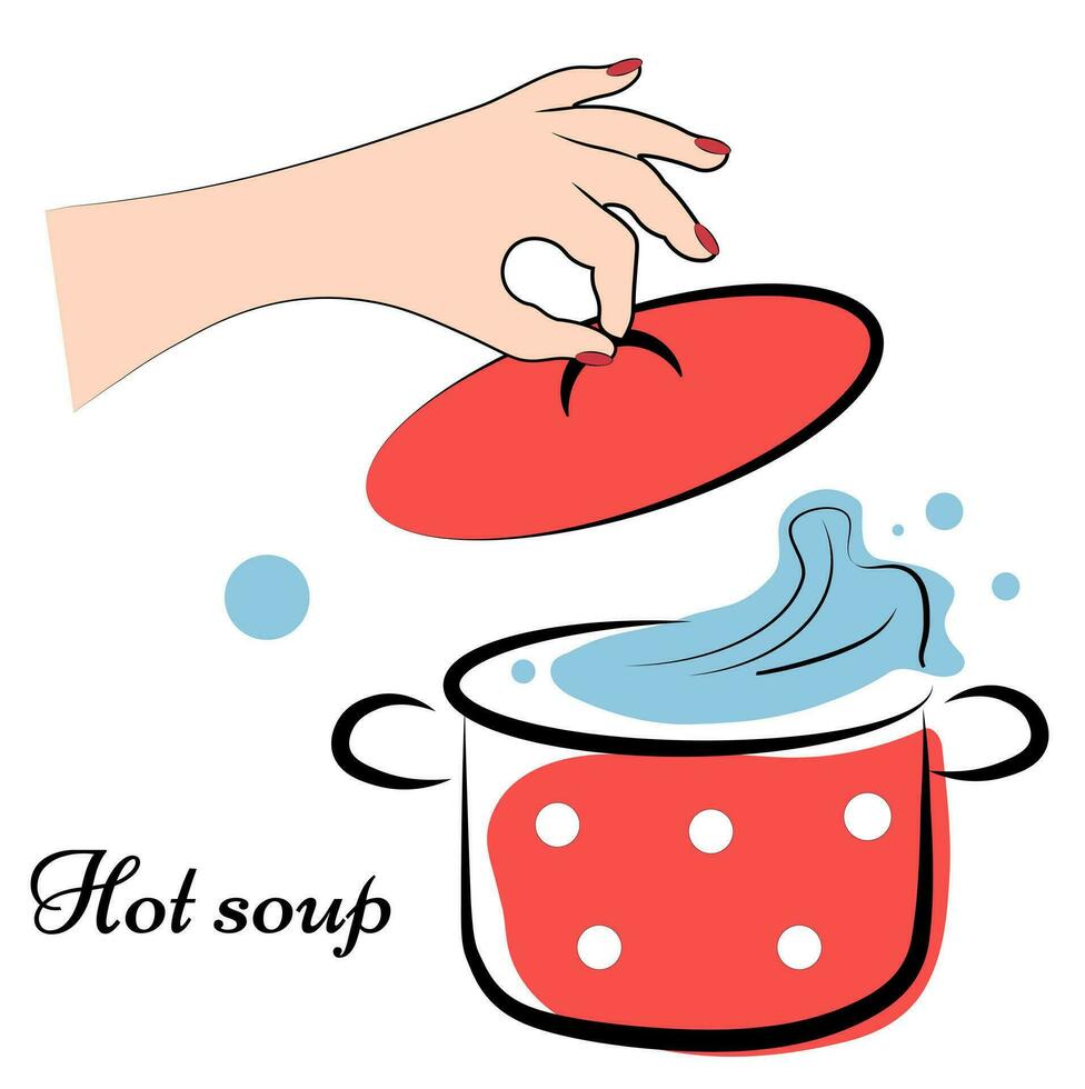Hand opens pot of soup vector