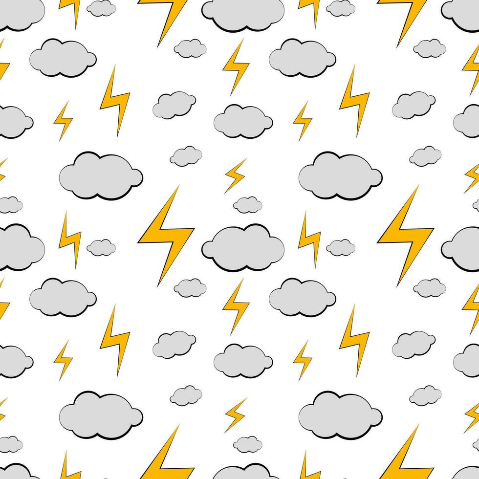 Seamless texture with clouds and lightning on white background vector