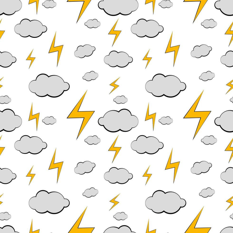 Seamless texture with clouds and lightning on white background vector