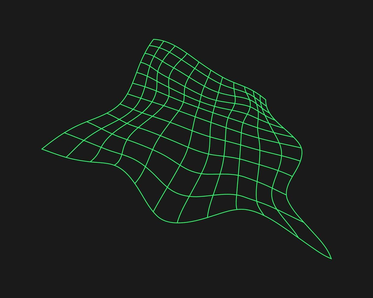 Distorted cyber grid. Cyberpunk geometry element y2k style. Isolated green mesh on black background. Vector fashion illustration.