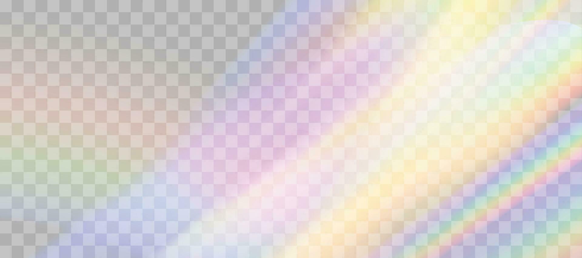 Blurred rainbow refraction overlay effect. Light lens prism effect. Holographic reflection, crystal flare leak shadow overlay. Vector abstract illustration.