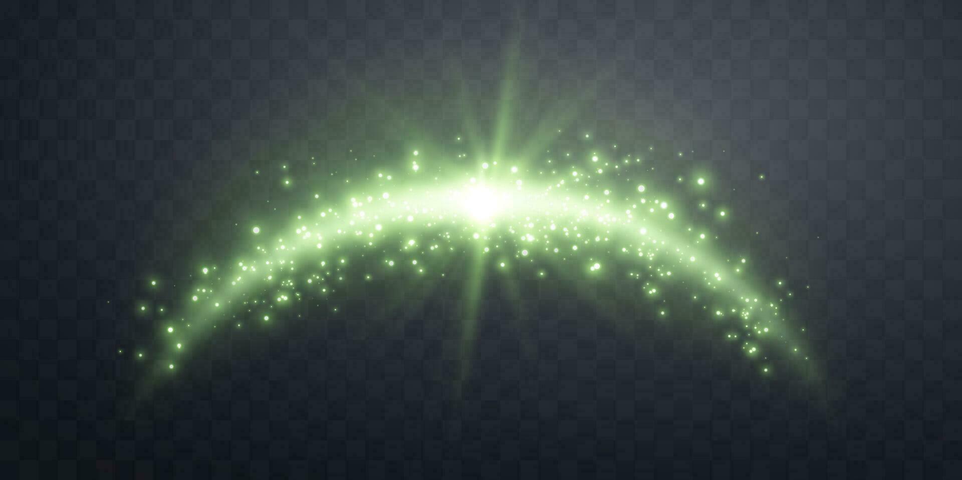 Green magic arch with glowing particles, sunlight lens flare. Neon realistic energy flare arch. Abstract light effect. Vector illustration.