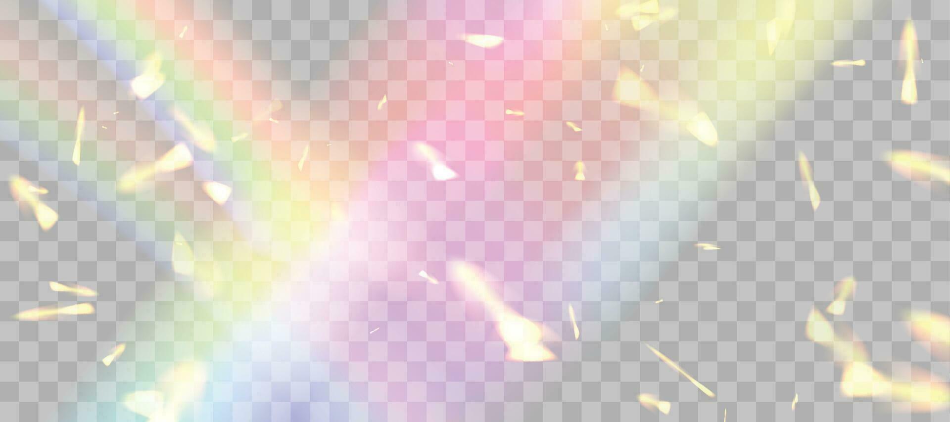 Blurred rainbow refraction overlay effect. Light lens prism effect. Holographic reflection, crystal flare leak shadow overlay. Vector abstract illustration.