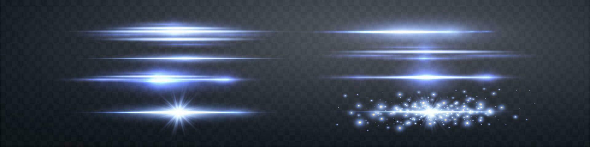 Blue lensflares set. Light flash with rays or blue spotlight. Glow flare light effect. Vector illustration. Isolated on dark transparent background.