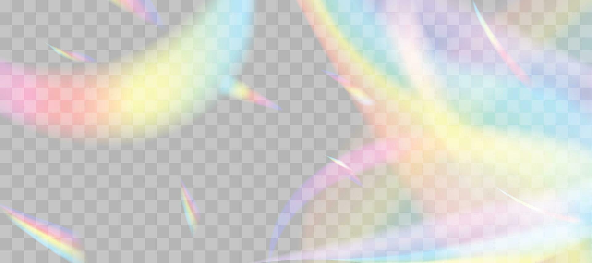 Blurred rainbow refraction overlay effect. Light lens prism effect. Holographic reflection, crystal flare leak shadow overlay. Vector abstract illustration.