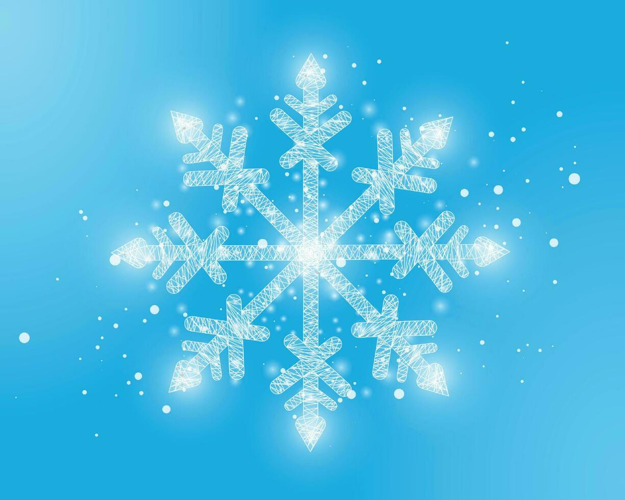 Snowflake, wireframe low poly style design. Merry Christmas and New Year concept. Wireframe glowing low poly design on a blue background. Abstract futuristic vector illustration