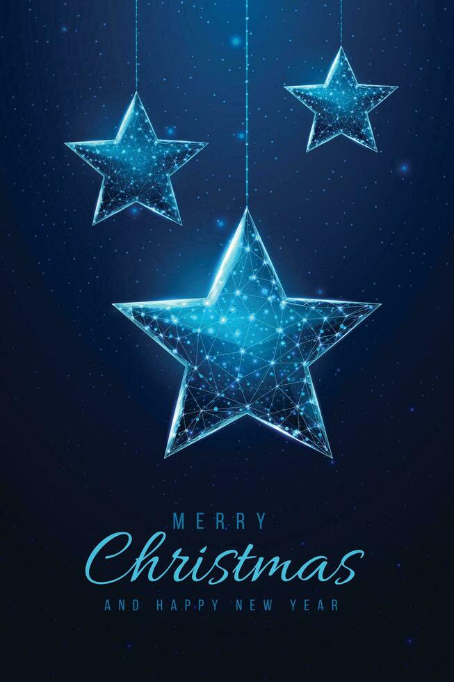 Wireframe stars, low poly style. Banner for the concept of Christmas or New Year. Abstract modern 3d vector illustration on blue background.