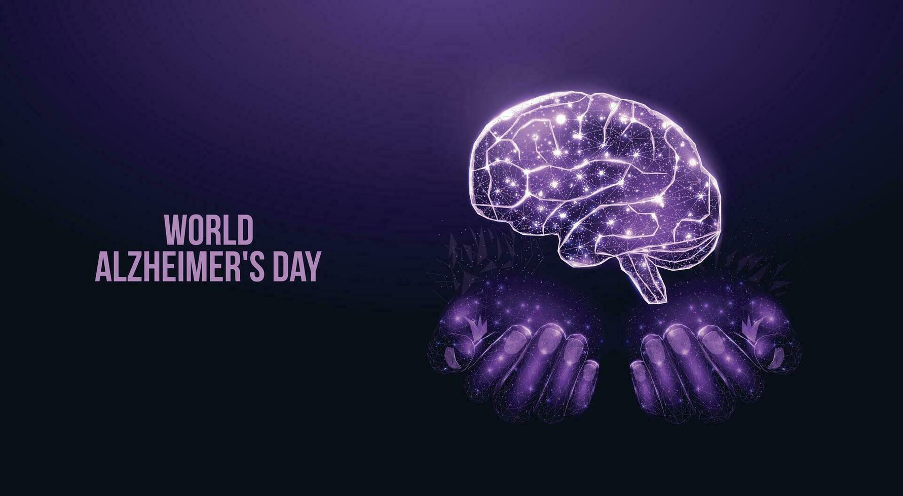 World Alzheimer's Day concept. Two human hands are holds human brain. Futuristic modern abstract background. Vector illustration.