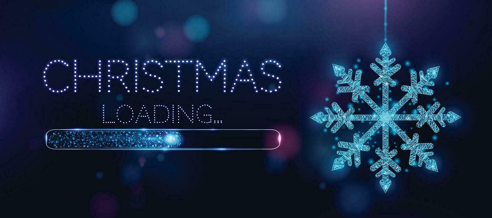 Wireframe snowflake and loading bar, low poly style. Merry Christmas and New Year banner. Abstract modern vector illustration on blue background.