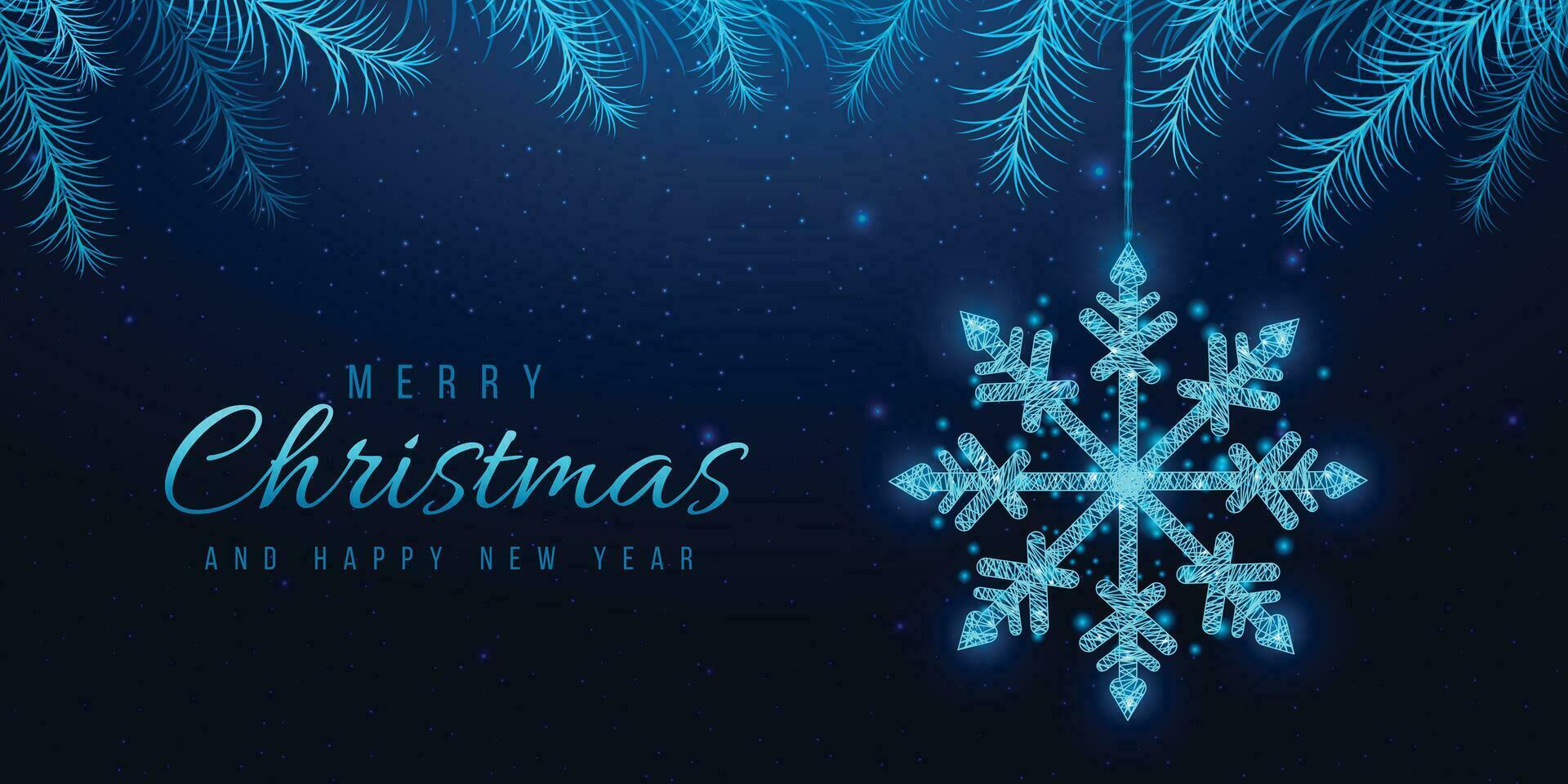 Wireframe snowflake and Christmas tree branches, low poly style. New Year banner. Abstract modern vector illustration on blue background