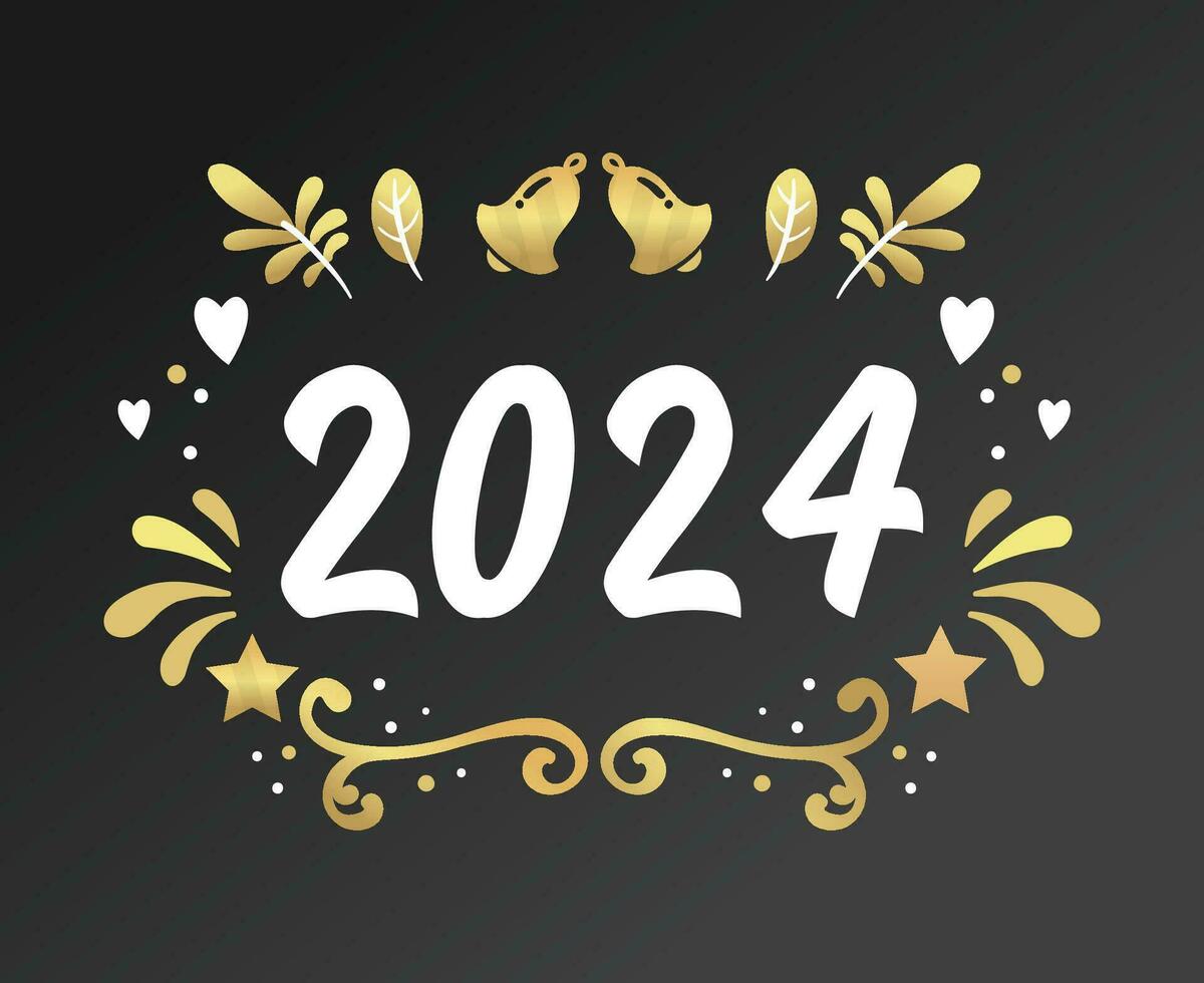 2024 Happy New Year Holiday Graphic Design Gold And White Abstract Vector Logo Symbol Illustration With Black Background